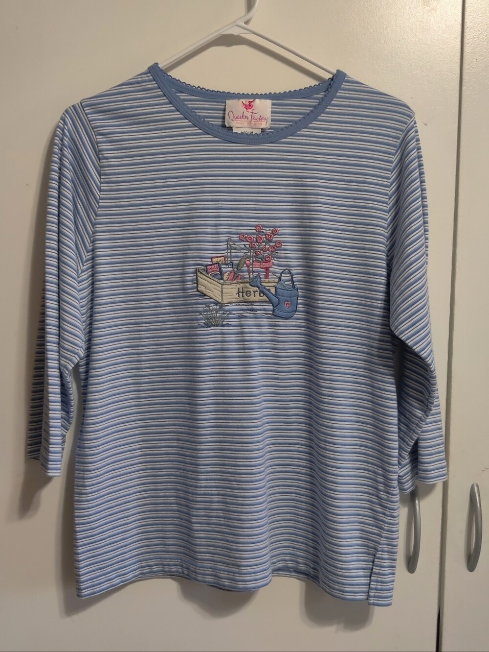 Light Blue Striped Tee with Garden Embroidery